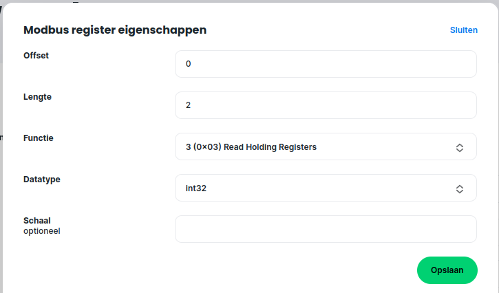 Aangepaste Modbus register